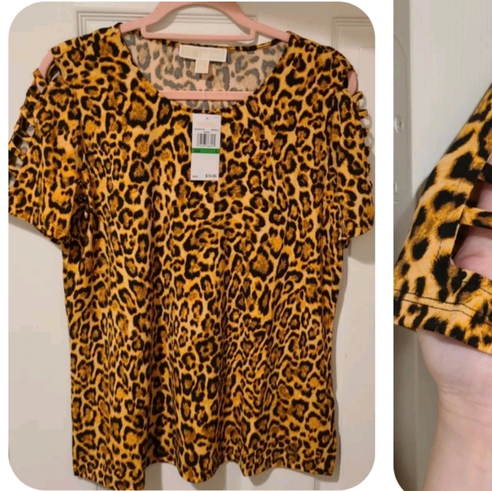 MICHAEL KORS MK BASICS LOGO SHORT SLEEVE OPEN CUT TOP BLOUSE SIZE LARGE